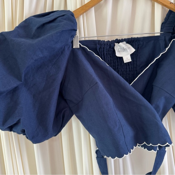 Anthropologie Mare Mare Puff-Sleeve Linen Wrap Blouse Navy White Scallop Sz Smal - Picture 4 of 9